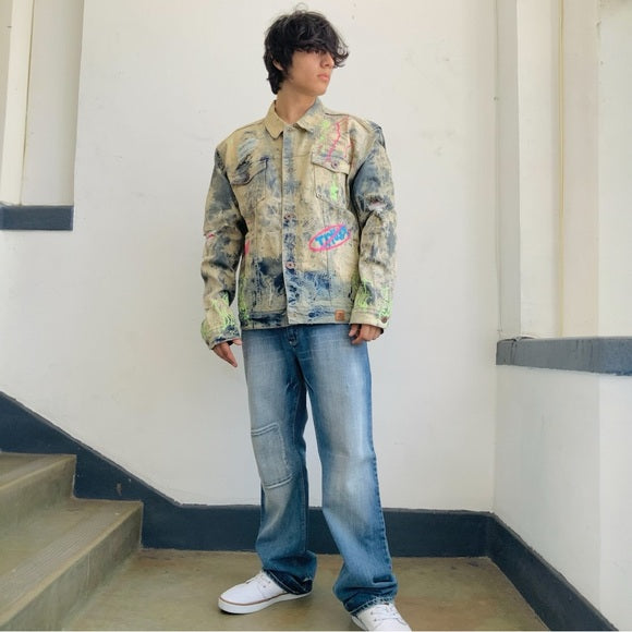 Men’s Distressed Blue Dirty Wash Full Zip Denim Jacket by Makobi NWT