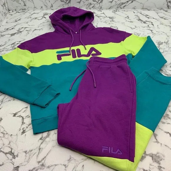 Men’s Fila Purple | Aqua | Lime Green Fleece Hoodie Sweatpants NWT