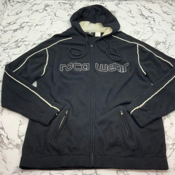 Men's Rocawear Black | Off White Hooded Full Zip Sweater NWT