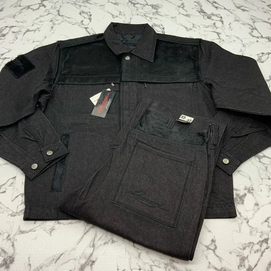 Men's Davoucci Black Pony Hair Denim Jacket & Pants Set NWT