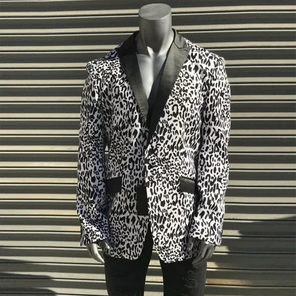 Men’s Angelino Black | White Leopard Casual Prom | Tuxedo | Blazer NWT