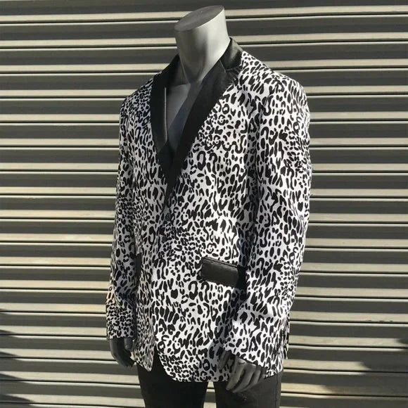 Men’s Angelino Black | White Leopard Casual Prom | Tuxedo | Blazer NWT