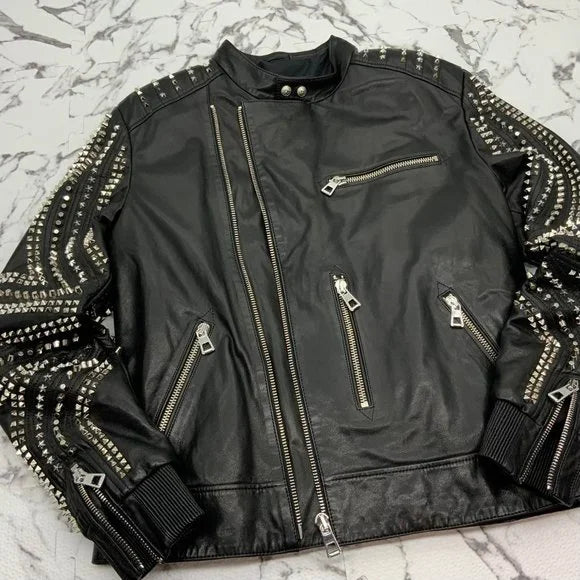 Men's Luxury Black | Silver Motorcycle Lambskin Genuine Leather Jacket NWT