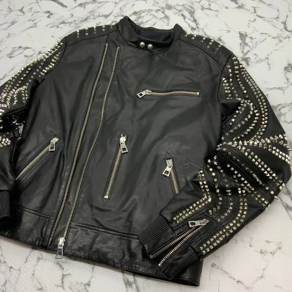 Men's Luxury Black | Silver Motorcycle Lambskin Genuine Leather Jacket NWT