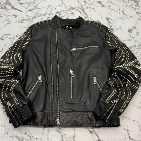 Men's Luxury Black | Silver Motorcycle Lambskin Genuine Leather Jacket NWT