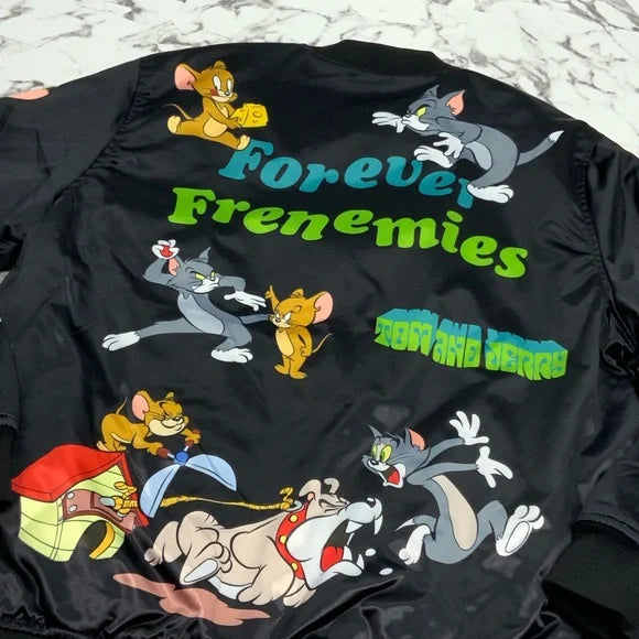 Men's Fashion Tom & Jerry Black Lightweight Satin Jacket NWT