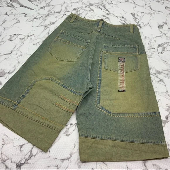 Men's Vokal by Nelly Mid Blue | Vintage | Yellow | Orange Stitched Denim Shorts NWT