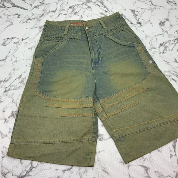 Men's Vokal by Nelly Mid Blue | Vintage | Yellow | Orange Stitched Denim Shorts NWT