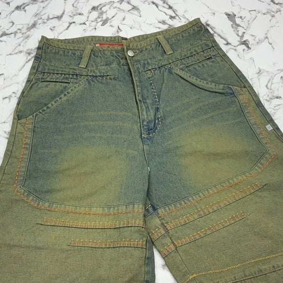 Men's Vokal by Nelly Mid Blue | Vintage | Yellow | Orange Stitched Denim Shorts NWT