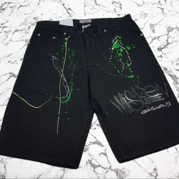 Men's Miskeen Jet Black Hand Painted Denim Shorts NWT