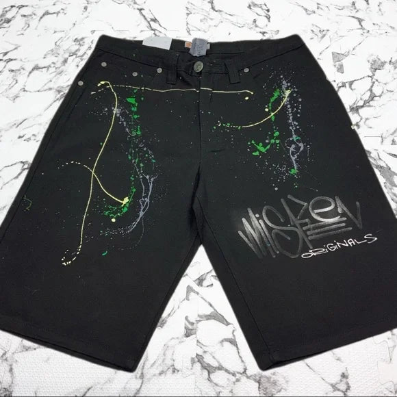 Men's Miskeen Jet Black Hand Painted Denim Shorts NWT