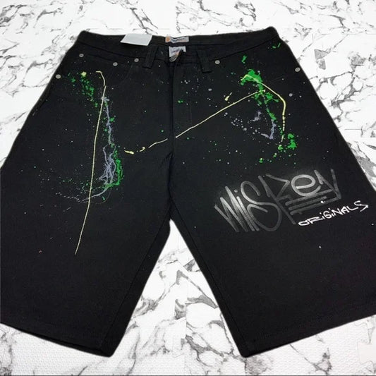 Men's Miskeen Jet Black Hand Painted Denim Shorts NWT