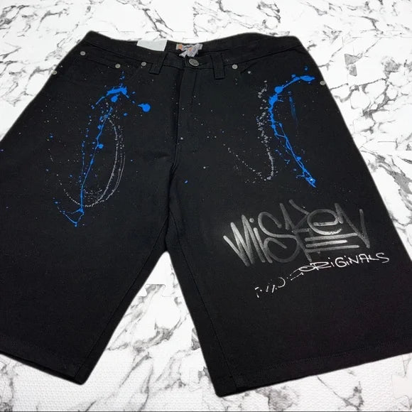 Men's Miskeen Jet Black Hand Painted Denim Shorts NWT