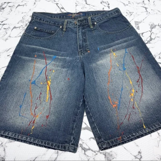 Men's Miskeen Dk Blue Hand Painted Denim Shorts NWT