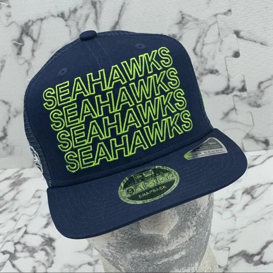 Men's New Era Cap Navy | Lime Green Sea Hawks 9FIFTY Snapback NFL Hat NWT