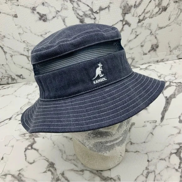 Men's Kangol Distressed Cotton Denim Blue Mesh Bucket Hat NWT