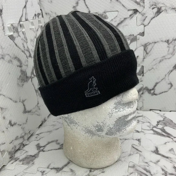 Men's Kangol Black | Grey Rib Stripe Rev Cuff Pull On Beanies NWT