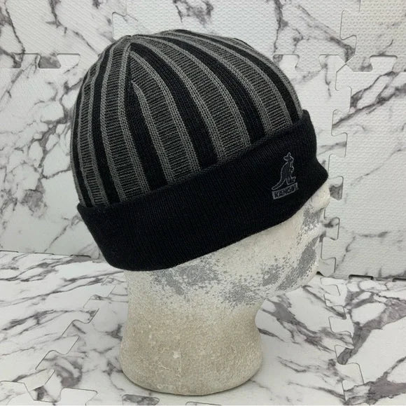 Men's Kangol Black | Grey Rib Stripe Rev Cuff Pull On Beanies NWT