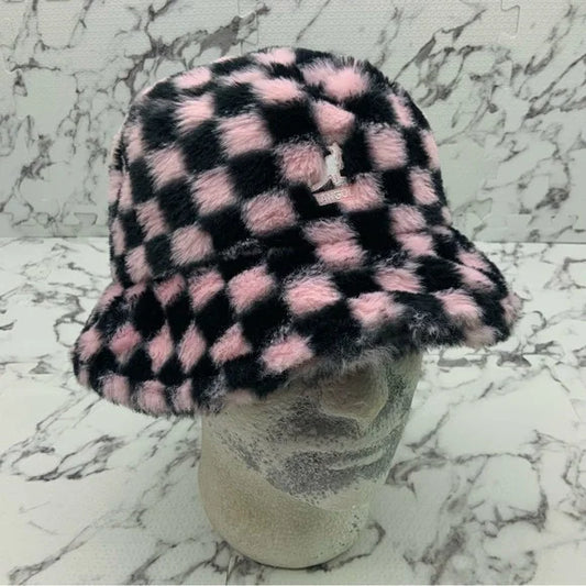 Men's Kangol Faux Fur Pink | Black Checkers Lahinch Fuzzy Hat NWT