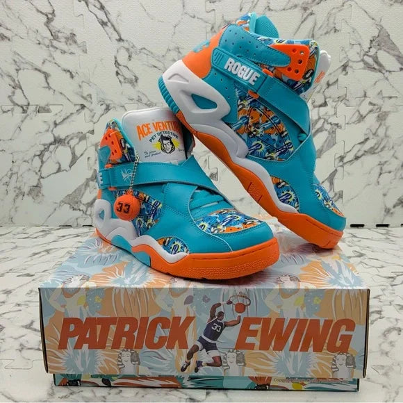 Men’s Patrick Ewing ROGUE x ACE VENTURA 33 HI x MACHE Teal | Orange | White Sneakers NWT