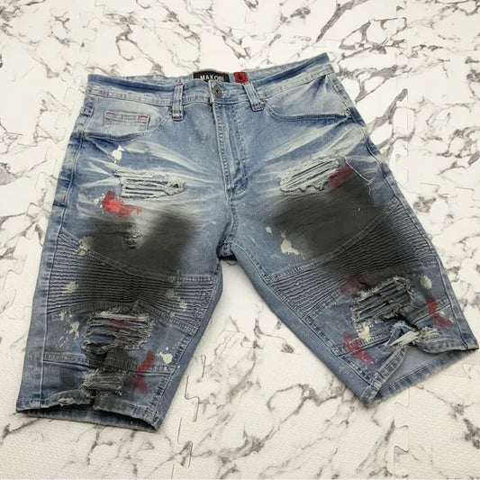 Men’s Makobi Sandblast | Black | Red Ripped Denim Shorts NWT