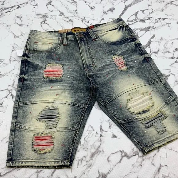 Men’s Makobi Vintage Sandblast | Red | Navy Ripped Denim Shorts NWT