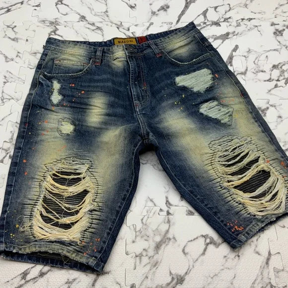 Men’s Makobi Dk Blue Vintage Sandblast Ripped Denim Shorts NWT