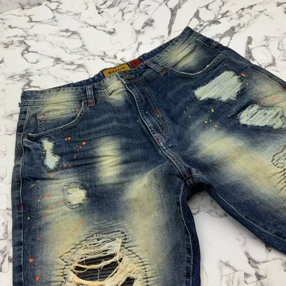 Men’s Makobi Dk Blue Vintage Sandblast Ripped Denim Shorts NWT