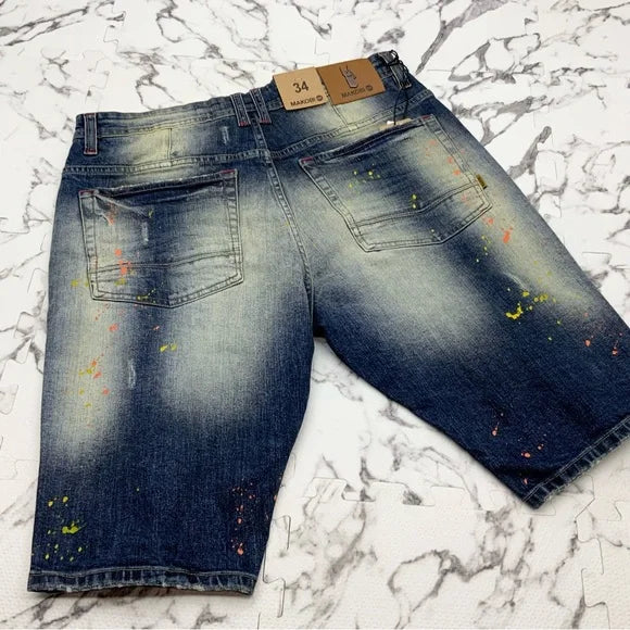 Men’s Makobi Dk Blue Sandblast Ripped Hand-Painted Denim Shorts NWT