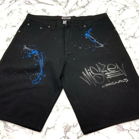 Men's Miskeen Jet Black | Blue | Grey Hand Painted Denim Shorts NWT