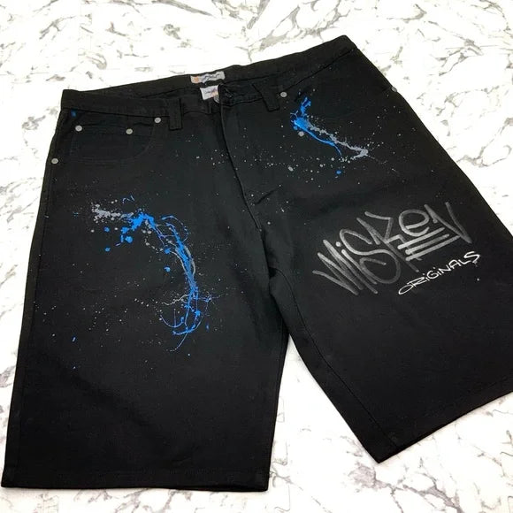 Men's Miskeen Jet Black | Blue | Grey Hand Painted Denim Shorts NWT