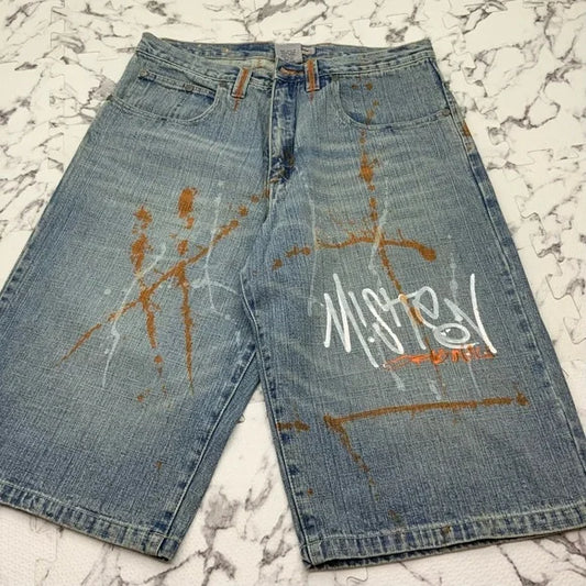 Men's Miskeen Mid Blue | White | Orange Denim Shorts NWT