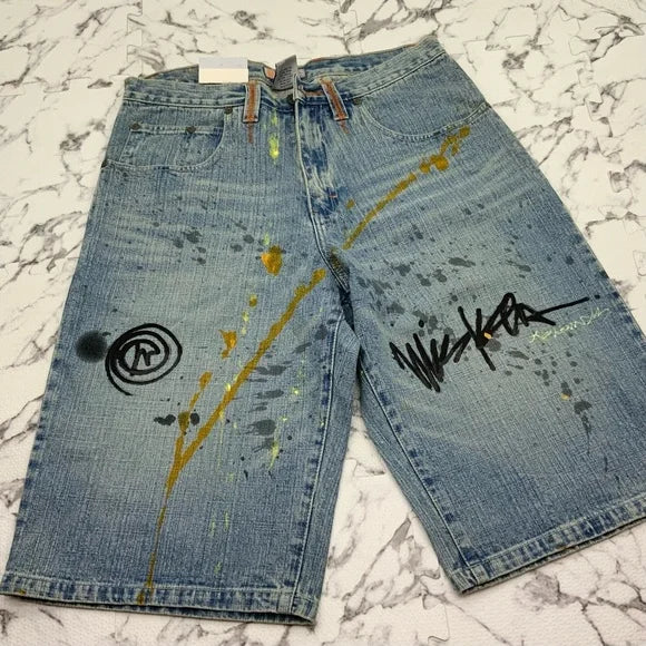 Men's Miskeen Mid Blue Hand Painted Denim Shorts NWT