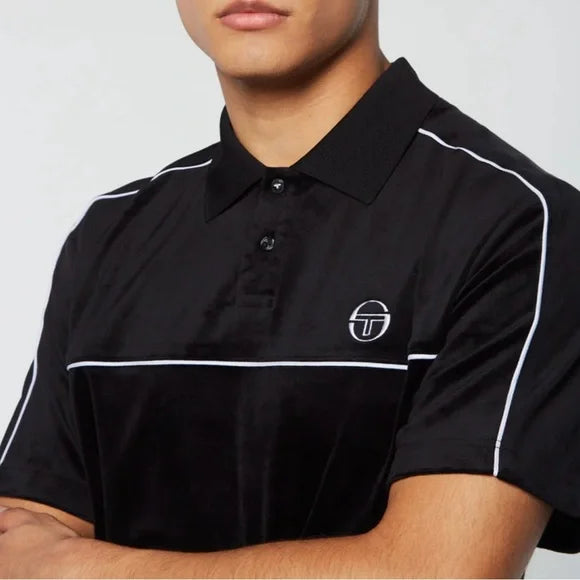 Men's Sergio Tacchini Black | White Pipping Velour Casual Polo Shirt NWT