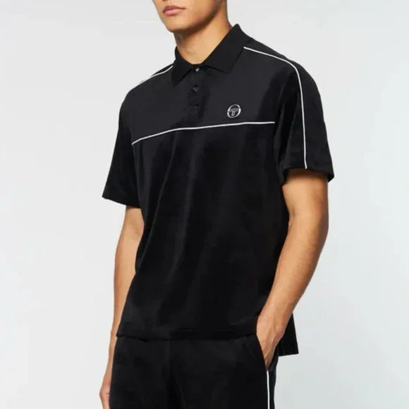 Men's Sergio Tacchini Black | White Pipping Velour Casual Polo Shirt NWT