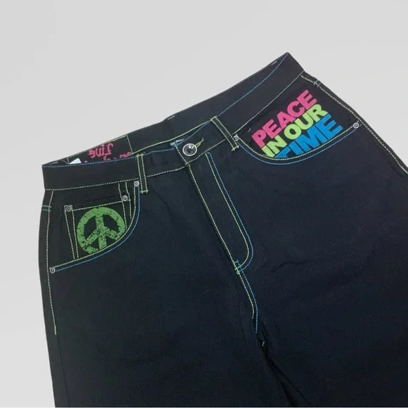 Men's Live Mechanics Peace Sign Jet Black Denim Shorts NWT