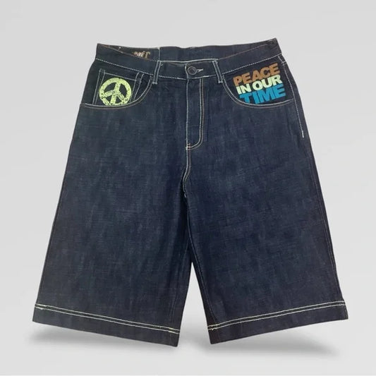 Men's Live Mechanics Peace Sign Raw Blue Denim Shorts NWT