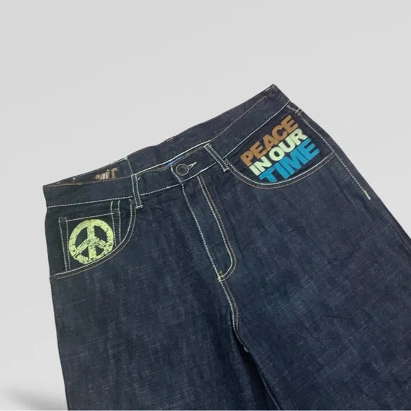 Men's Live Mechanics Peace Sign Raw Blue Denim Shorts NWT