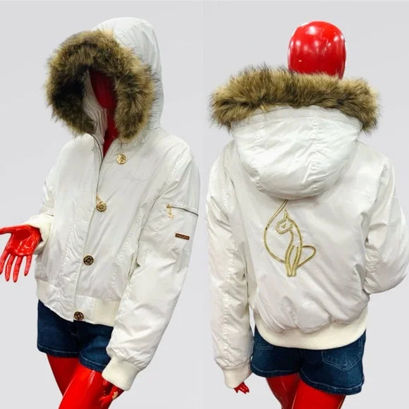 Women's Baby Phat Vintage White | Gold Hooded Faux Fur Jacket NWT