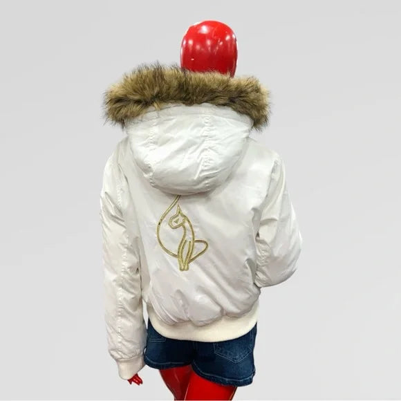 Women's Baby Phat Vintage White | Gold Hooded Faux Fur Jacket NWT