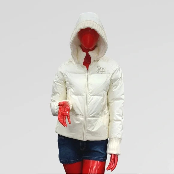 Women's Lady Enyce Vintage Dirty White Quilted Puffer Hooded Jacket NWT