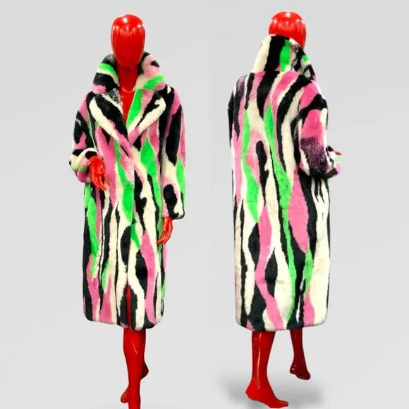 Women’s Katie Long Faux Fur Coat Multi Stripe By Jakke NWT