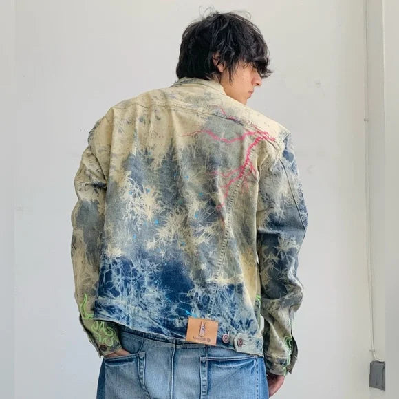 Men’s Distressed Blue Dirty Wash Full Zip Denim Jacket by Makobi NWT