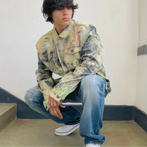 Men’s Distressed Blue Dirty Wash Full Zip Denim Jacket by Makobi NWT