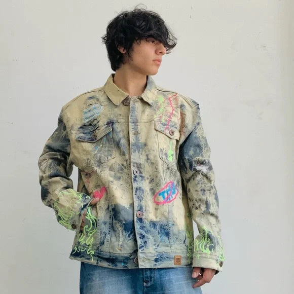 Men’s Distressed Blue Dirty Wash Full Zip Denim Jacket by Makobi NWT