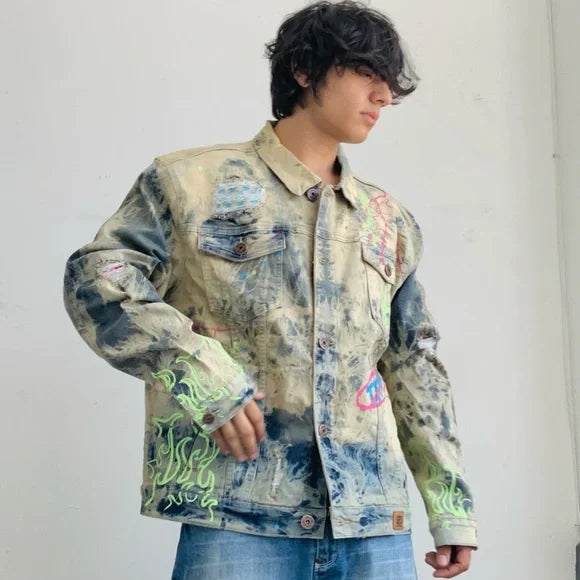 Men’s Distressed Blue Dirty Wash Full Zip Denim Jacket by Makobi NWT