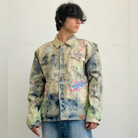 Men’s Distressed Blue Dirty Wash Full Zip Denim Jacket by Makobi NWT