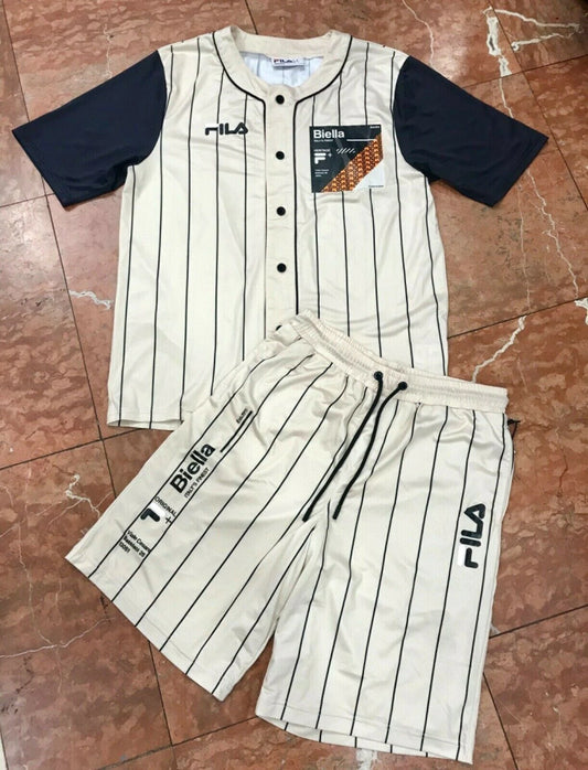 Men's Fila Beige | Black Pinstripes Jersey Short Set