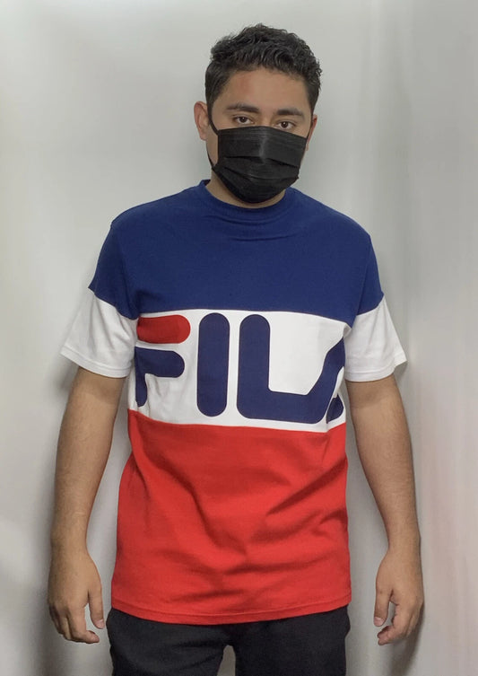 Men's Fila Navy | Red | White Tri Color Signature Short Sleeve Tee Shirt.