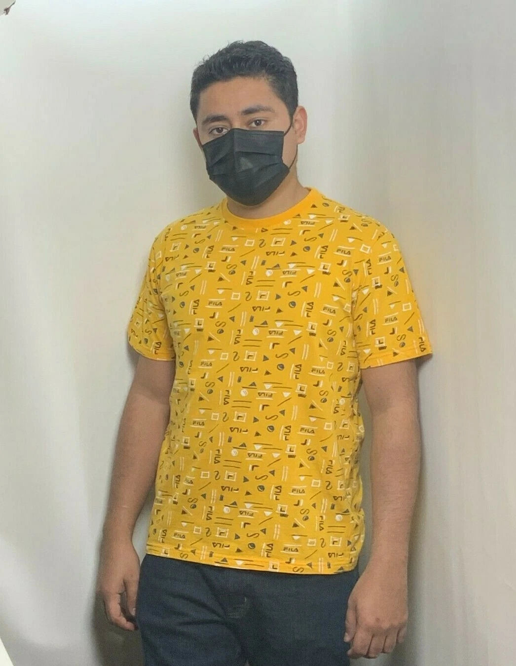 Men's Fila Yellow | Black | White Logo All Over Short Sleeve Tee Shirt